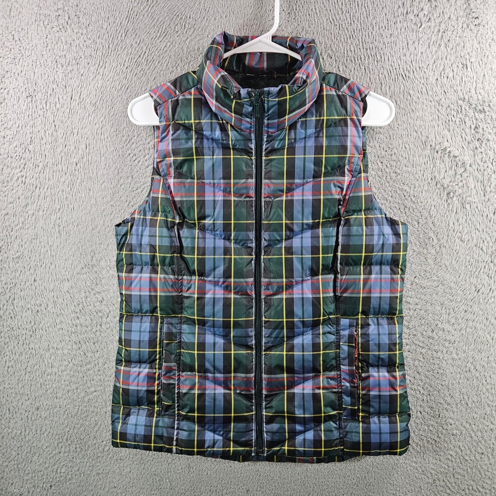 Lands End Womens XS 2-4 Plaid Down Puffer Vest Full Zip Multi Color Navy Green
